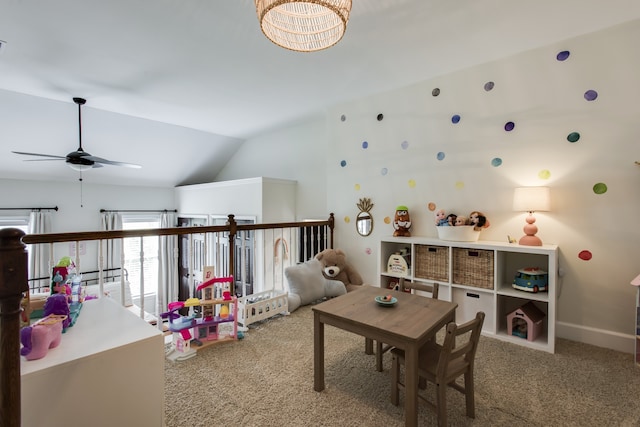 game room with light carpet, vaulted ceiling, and ceiling fan