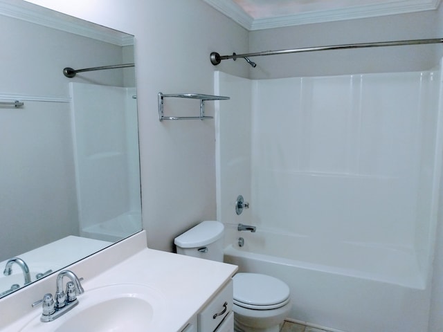 full bathroom with oversized vanity, ornamental molding, toilet, and bathtub / shower combination