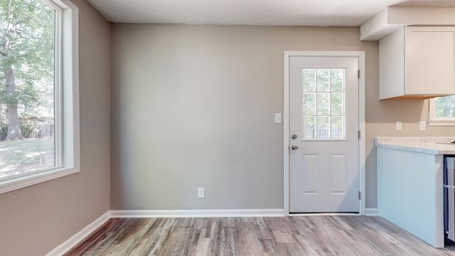 doorway to outside with light wood-type flooring