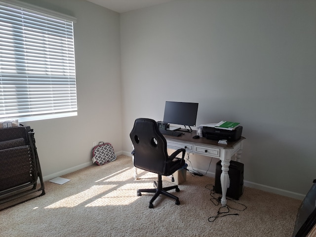 office area featuring light carpet