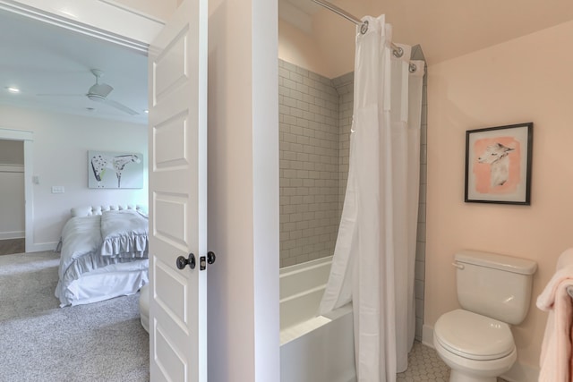 bathroom with shower / bath combo, toilet, ceiling fan, and tile flooring