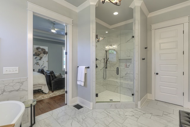 bathroom featuring a notable chandelier, plus walk in shower, hardwood / wood-style flooring, and ornamental molding