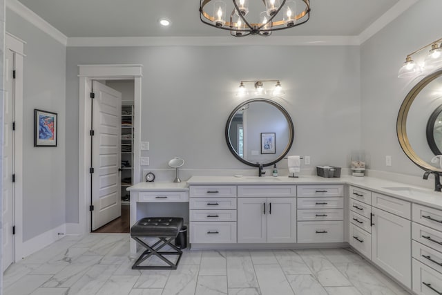 bathroom with ornamental molding, tile floors, vanity, and a notable chandelier