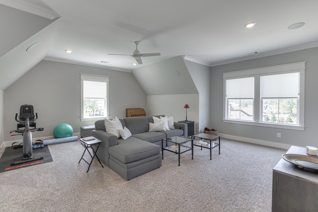 living room with ceiling fan, lofted ceiling, ornamental molding, and light carpet