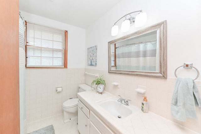 bathroom with tile flooring, tile walls, backsplash, and toilet