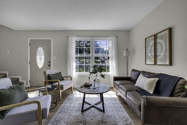 living room with a textured ceiling, wood-type flooring, and a wealth of natural light