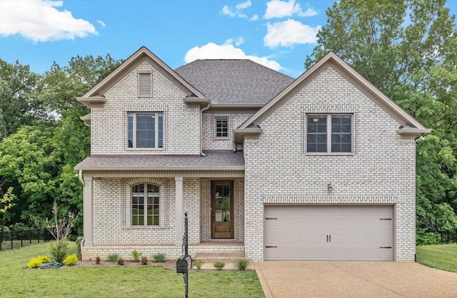 view of front of property with a front lawn and a garage