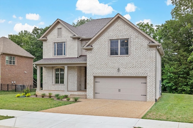 view of front of property with a front lawn and a garage