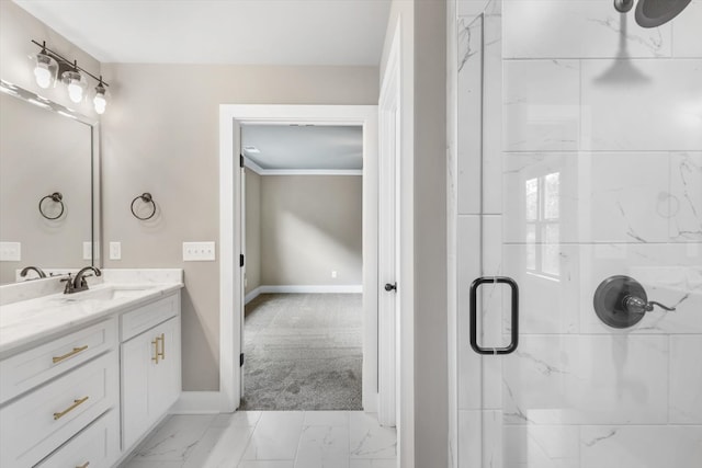 bathroom featuring tile floors, ornamental molding, a shower with door, and oversized vanity