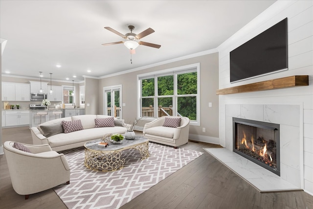 living room with light hardwood / wood-style floors, ceiling fan, a premium fireplace, ornamental molding, and sink