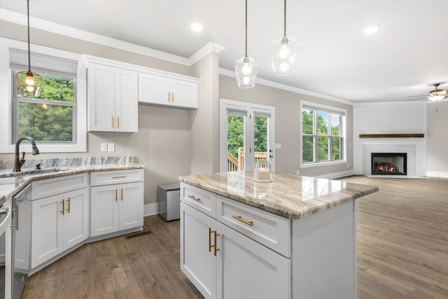 kitchen featuring decorative light fixtures, ceiling fan, and light hardwood / wood-style flooring