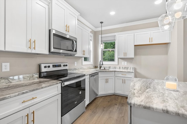 kitchen with hanging light fixtures, stainless steel appliances, light hardwood / wood-style floors, and white cabinets