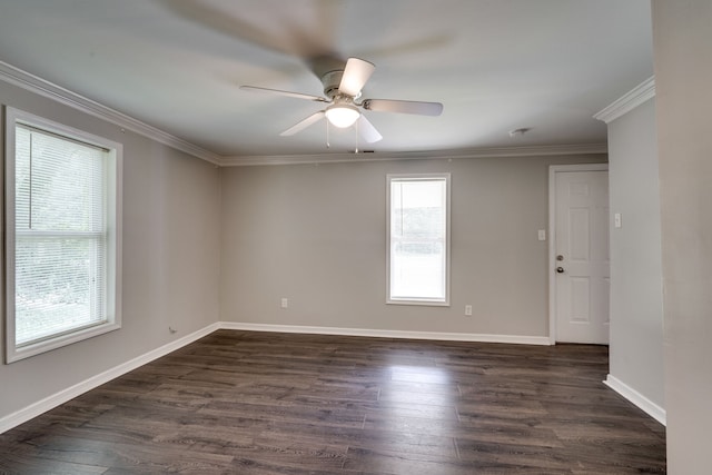 unfurnished room with crown molding, dark hardwood / wood-style flooring, ceiling fan, and a wealth of natural light