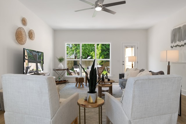 living room with ceiling fan and hardwood / wood-style flooring