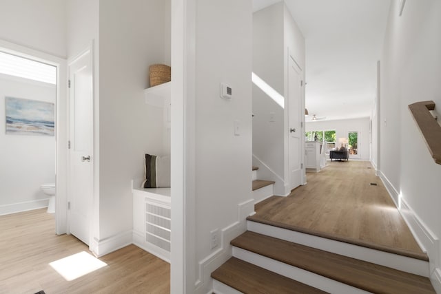 stairway featuring light wood-type flooring