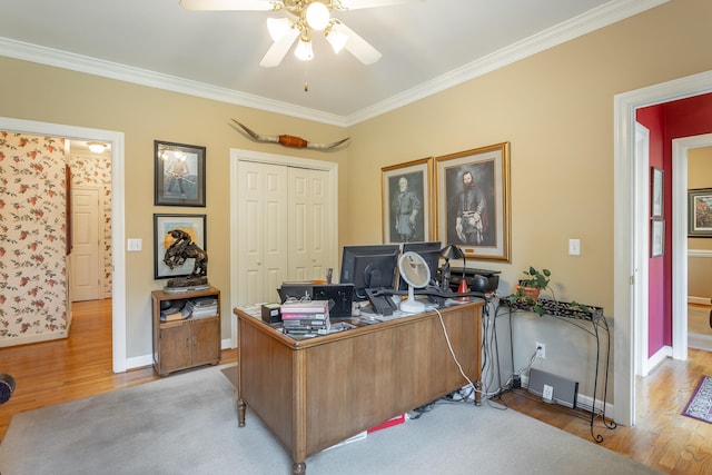 office featuring ceiling fan, ornamental molding, and light hardwood / wood-style floors