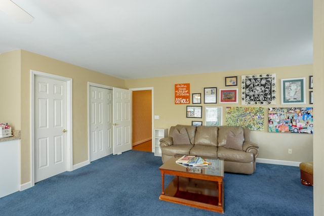 living room featuring dark carpet