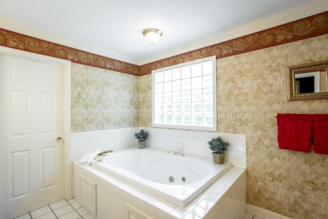 bathroom with tiled bath, ornamental molding, and tile floors