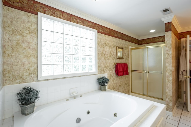 bathroom with shower with separate bathtub, tile floors, and ornamental molding