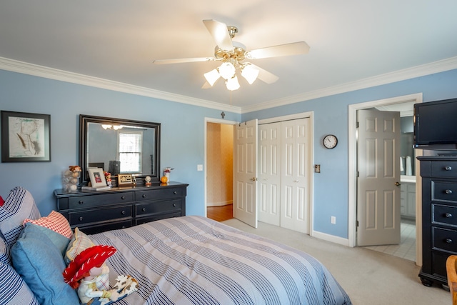 bedroom featuring ceiling fan, a closet, ornamental molding, and light tile floors