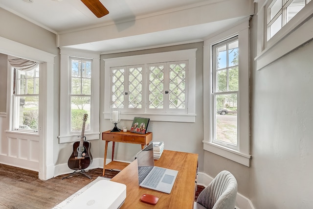 interior space with ceiling fan and a wealth of natural light