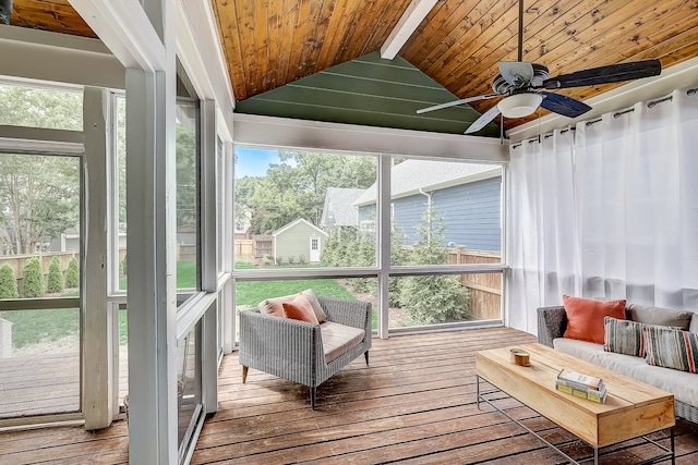 sunroom / solarium featuring ceiling fan, vaulted ceiling with beams, a wealth of natural light, and wood ceiling