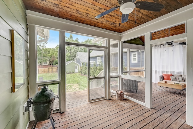 sunroom with wood ceiling, ceiling fan, and a healthy amount of sunlight