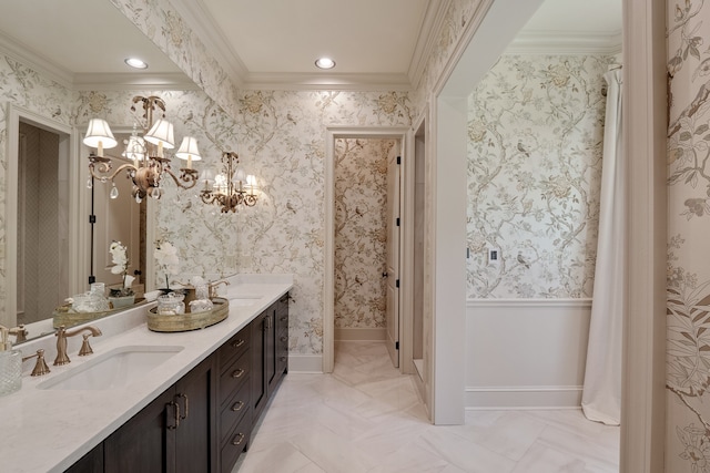 bathroom featuring an inviting chandelier, dual vanity, tile flooring, and ornamental molding