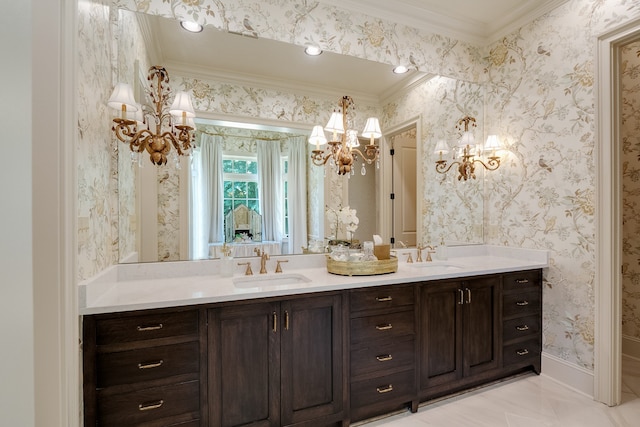 bathroom with ornamental molding, double sink vanity, tile flooring, and a chandelier