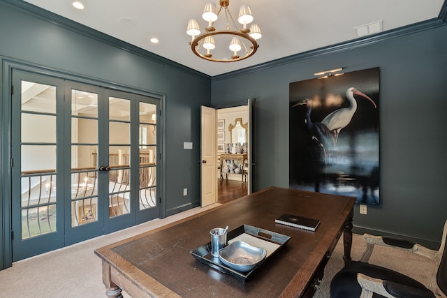 carpeted office with an inviting chandelier, french doors, and ornamental molding