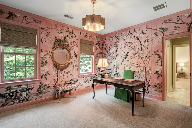 office area featuring a notable chandelier, crown molding, and light tile floors