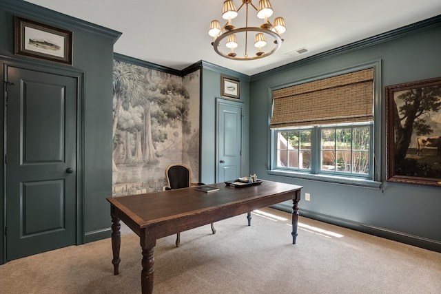 carpeted office featuring a chandelier and crown molding