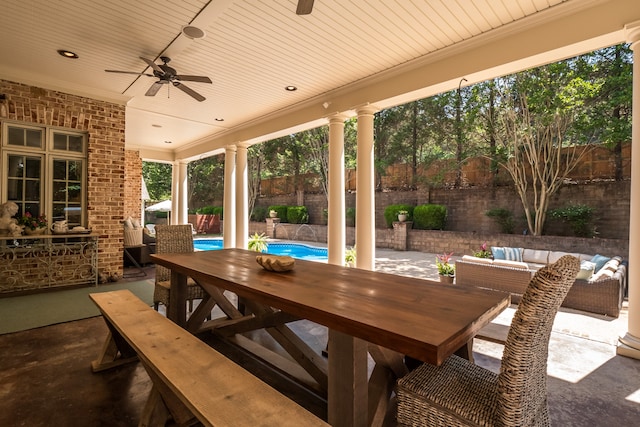 view of patio / terrace featuring a fenced in pool, outdoor lounge area, and ceiling fan