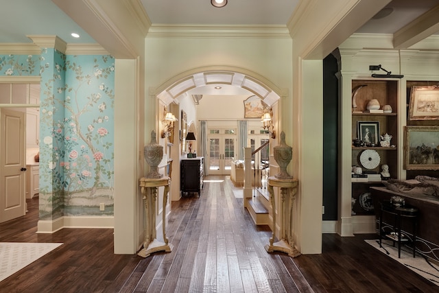 corridor with crown molding, french doors, and dark wood-type flooring