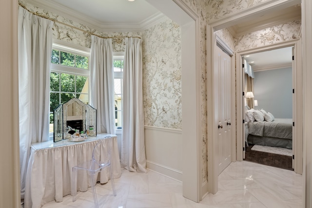 interior space featuring light tile floors and ornamental molding