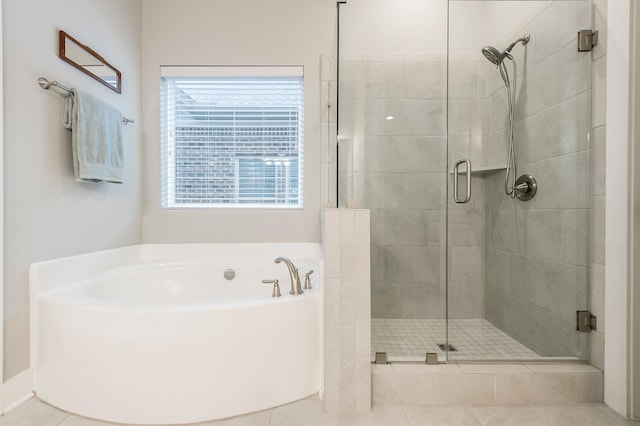 bathroom with plus walk in shower and tile floors