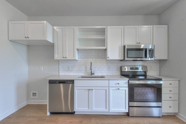 kitchen featuring sink, white cabinets, appliances with stainless steel finishes, light hardwood / wood-style flooring, and backsplash