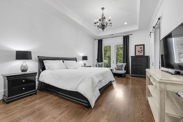 3609 Leipers Valley Trl, Franklin, TN 37064 - bedroom with a tray ceiling, french doors, a notable chandelier, and dark wood-type flooring