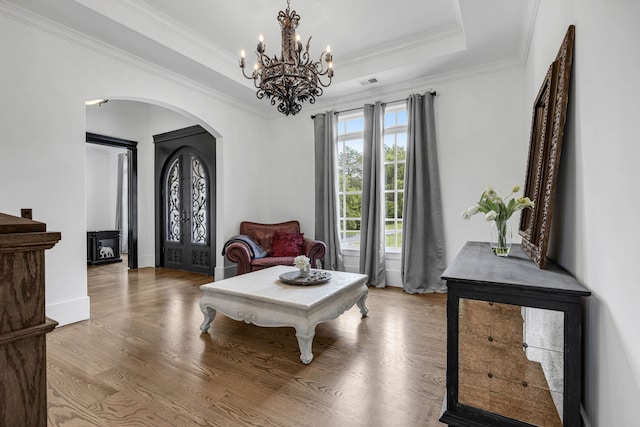 3609 Leipers Valley Trl, Franklin, TN 37064 - interior space featuring an inviting chandelier, light hardwood / wood-style floors, french doors, ornamental molding, and a tray ceiling