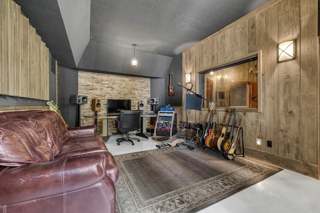3609 Leipers Valley Trl, Franklin, TN 37064 - living room with a wood stove, wood walls, a textured ceiling, and vaulted ceiling