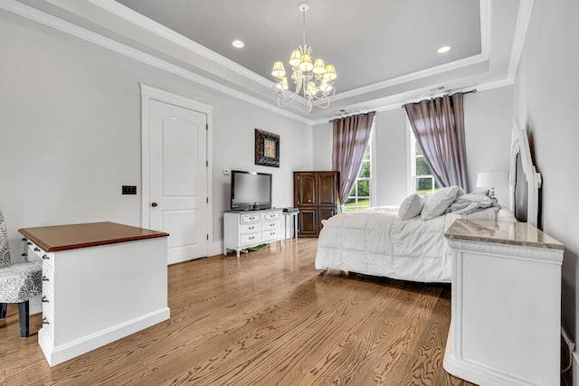 3609 Leipers Valley Trl, Franklin, TN 37064 - bedroom with light wood-type flooring, a notable chandelier, and a raised ceiling