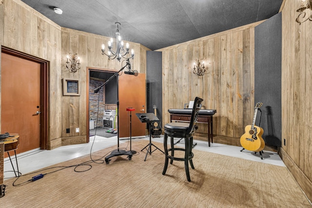 3609 Leipers Valley Trl, Franklin, TN 37064 - misc room with light carpet, wooden walls, and an inviting chandelier