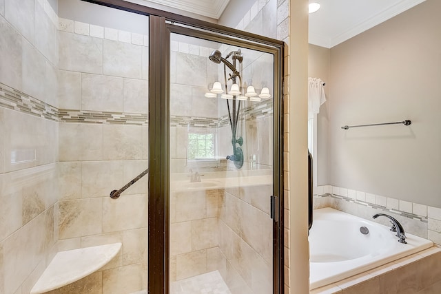 bathroom with crown molding, separate shower and tub, and a notable chandelier