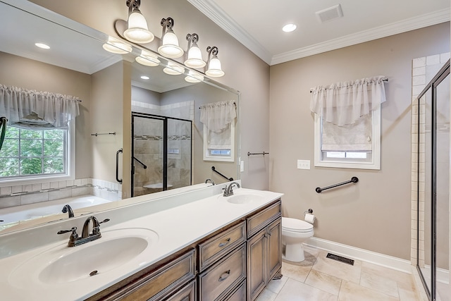 full bathroom featuring double sink, toilet, independent shower and bath, and oversized vanity