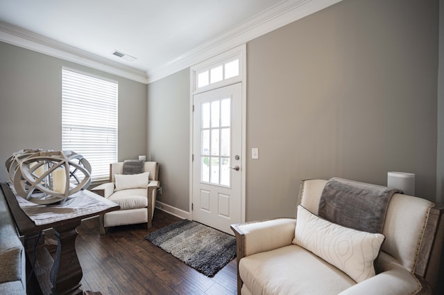 living room featuring crown molding and dark hardwood / wood-style floors