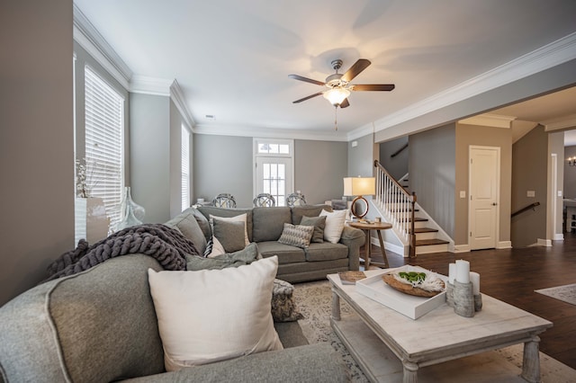 living room featuring ceiling fan, crown molding, and dark hardwood / wood-style floors