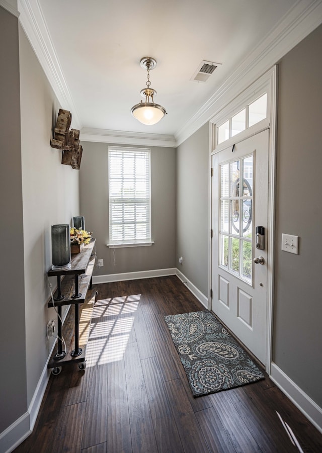 foyer with crown molding and dark wood-type flooring