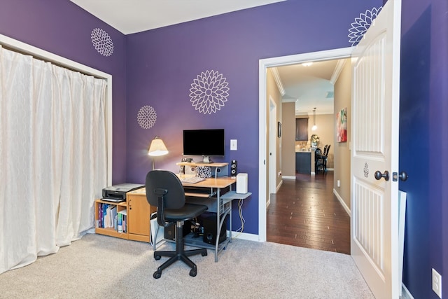 carpeted office space featuring crown molding