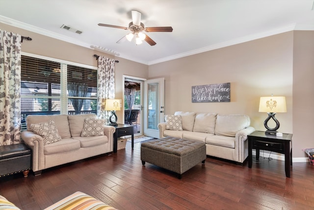 living room featuring crown molding, dark hardwood / wood-style floors, and ceiling fan