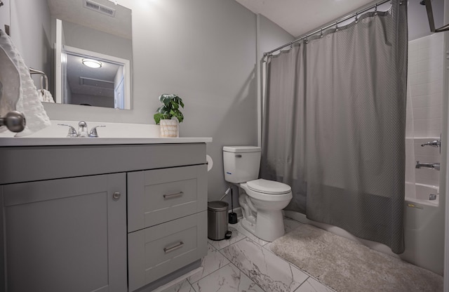 full bathroom with tile flooring, toilet, shower / bath combo, and vanity